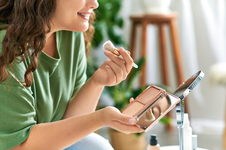 Foto una mujer joven disfruta de su rutina de belleza con productos de maquillaje en un espacio acogedor de la sala de estar