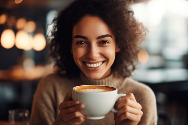 Una mujer joven disfruta de una taza de café en una cafetería de moda IA generativa