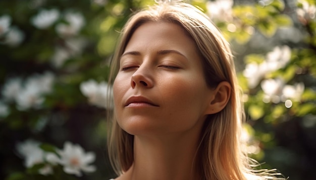 Mujer joven disfrutando del aire libre ojos cerrados sonriendo en la naturaleza generada por la inteligencia artificial