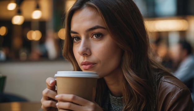 Mujer joven disfrutando de café en una cafetería