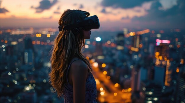 Una mujer joven disfrutando de una caja de realidad virtual en lo alto del edificio. IA generativa