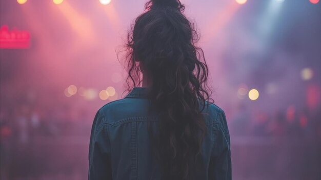 Mujer joven disfrutando de un concierto sola por la noche