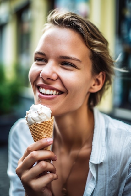 Una mujer joven disfrutando de un cono de helado