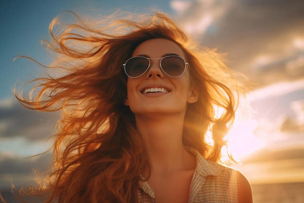 Mujer joven disfrutando de la fotografía del sol