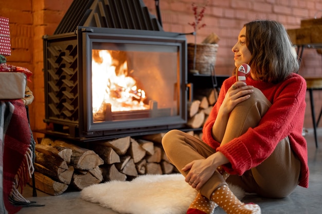 Mujer joven disfrutando del fuego mientras está sentado con dulces navideños junto a la chimenea durante las vacaciones de invierno. Calidez y comodidad en concepto de invierno