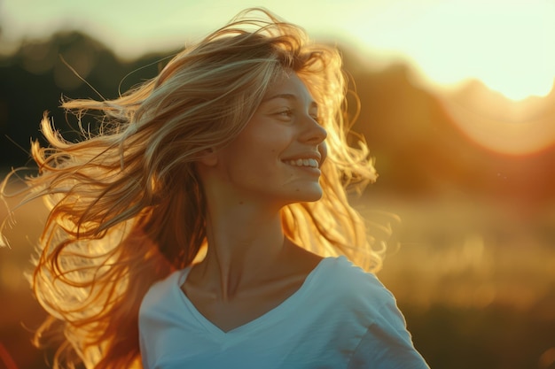 Mujer joven disfrutando de la libertad y la felicidad al aire libre al atardecer