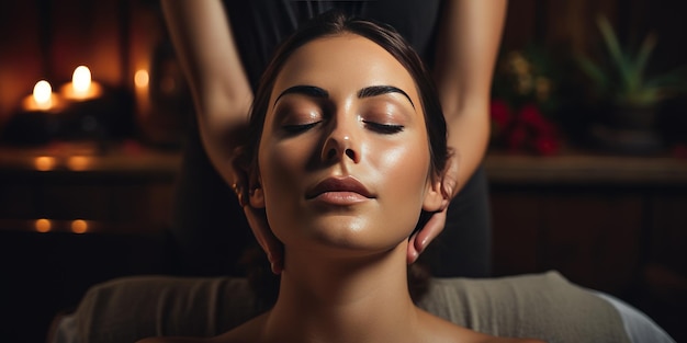 Mujer joven disfrutando de un masaje facial en el salón de spa Foto de alta calidad IA generativa