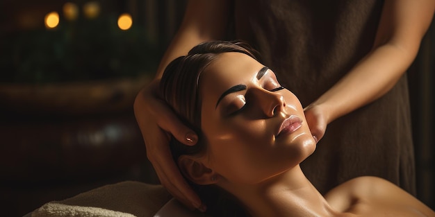 Mujer joven disfrutando de un masaje facial en el salón de spa Foto de alta calidad IA generativa