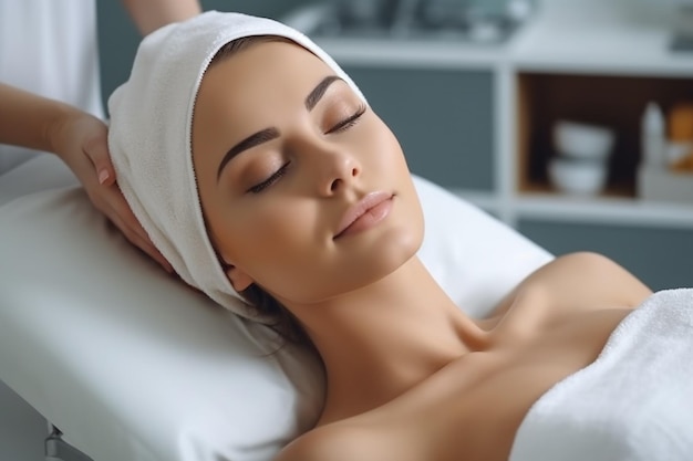 Mujer joven disfrutando de un masaje en el salón de spa