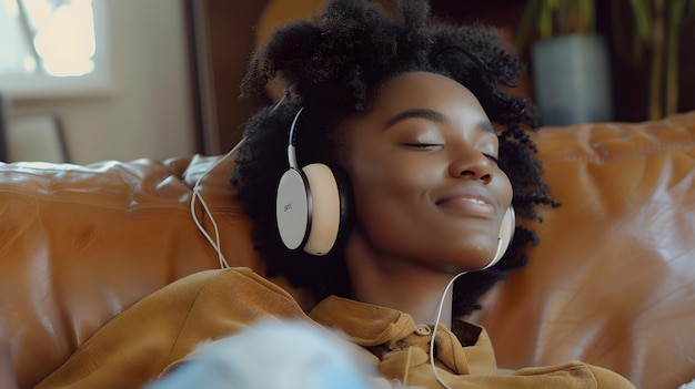 Mujer joven disfrutando de música con auriculares en casa pacífica y feliz estilo de vida interior casual y concepto de relajación momento sereno capturado en la luz natural suave IA