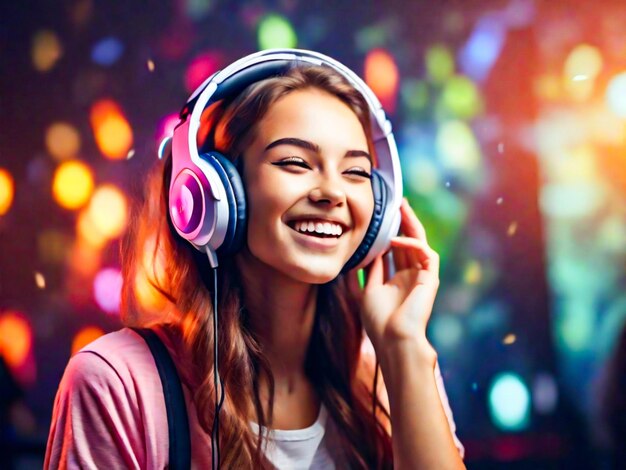 Foto una mujer joven disfrutando de la música con auriculares y felicidad