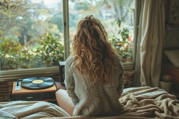 Mujer joven disfrutando de música en un tocadiscos de vinilo en una habitación acogedora con vista al jardín