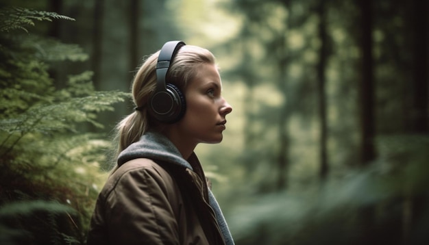 Mujer joven disfrutando de la naturaleza escuchando con auriculares generados por IA