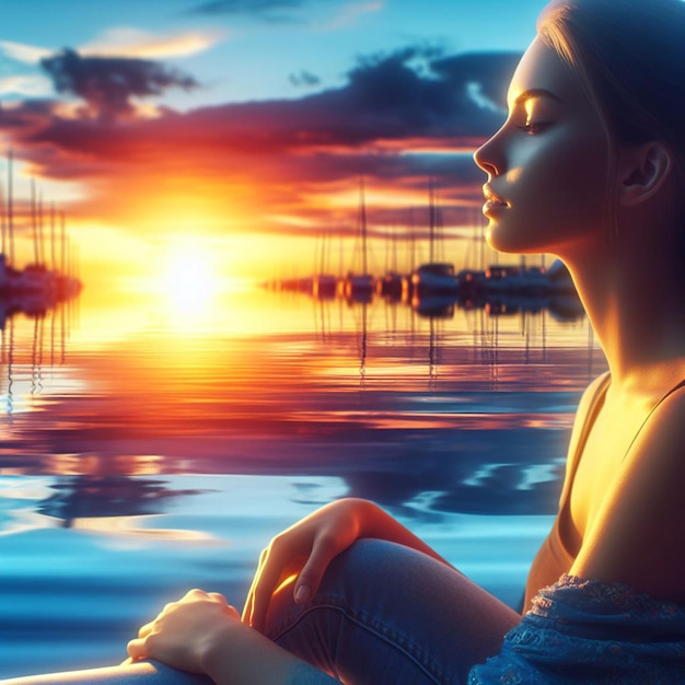 Foto mujer joven disfrutando de la puesta de sol que irradia felicidad generada por la ia