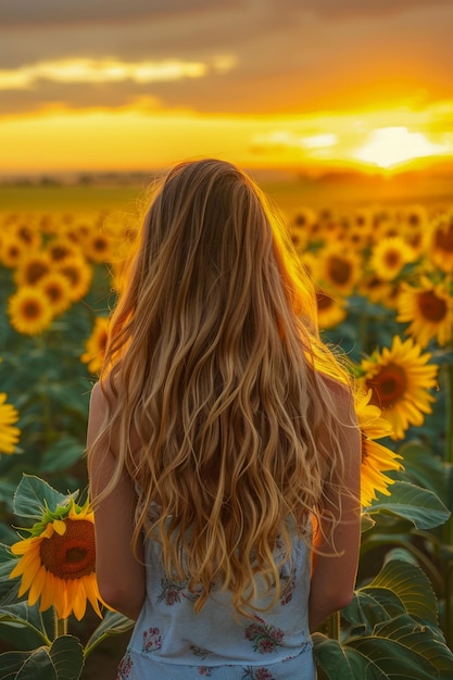 Mujer joven disfrutando de la serena puesta de sol en medio de un campo de girasoles Hora dorada belleza escena de naturaleza pacífica