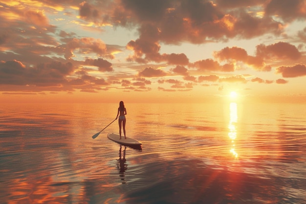 Mujer joven disfrutando de una serena puesta de sol paddleboard s