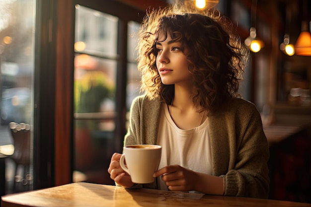 Mujer joven disfrutando de su café caliente en una cafetería de moda durante la hora del almuerzo