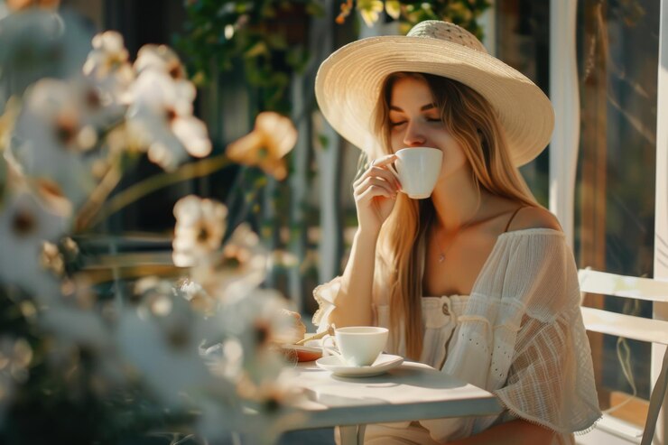Una mujer joven disfrutando de una taza de café en una acogedora cafetería