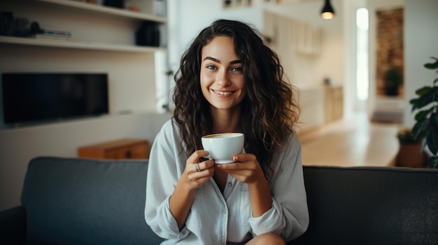 Mujer joven disfrutando de una taza de café en un ambiente hogareño Creado con tecnología de IA generativa