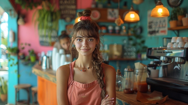 Mujer joven disfrutando del tiempo en un colorido y acogedor café