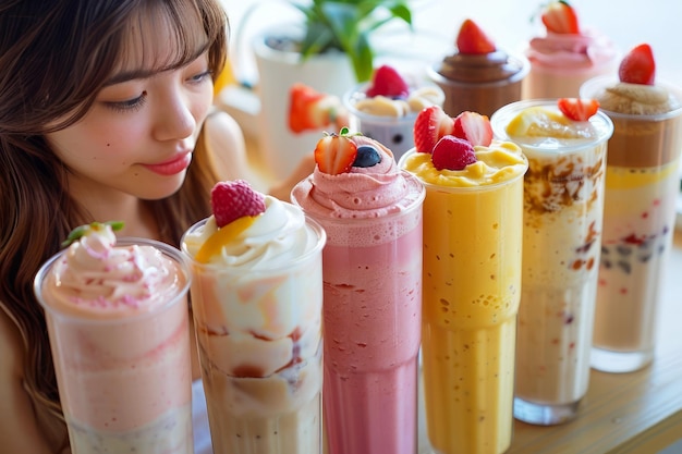 Mujer joven disfrutando de una variedad de batidos gourmet en un café crema batida de frutas frescas y