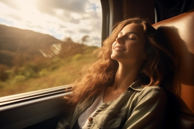 Foto una mujer joven está disfrutando de un viaje en tren