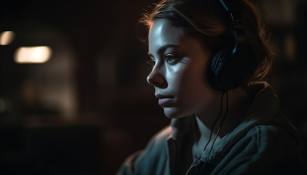 Mujer joven disfrutando de la vida nocturna con auriculares generados por IA