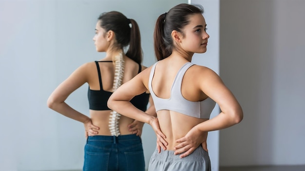 Foto una mujer joven está doblada y enderezada en la posición correcta e incorrecta de la columna vertebral escoliosis