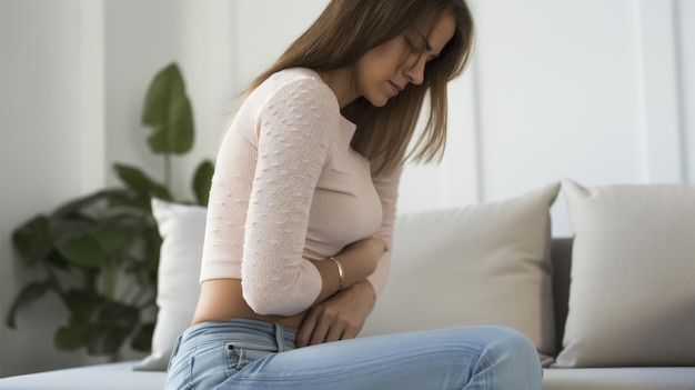 Mujer joven con dolor abdominal en casa