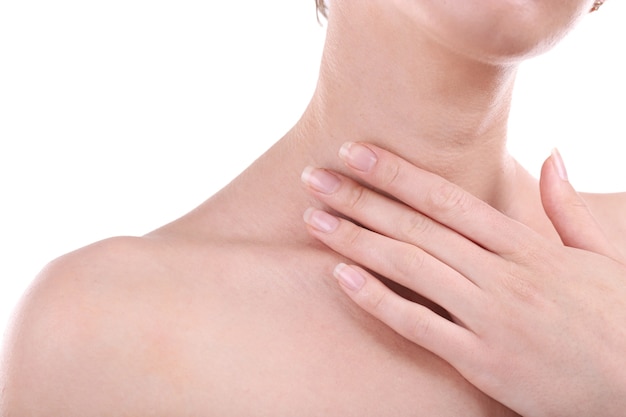 Mujer joven, con, dolor de cuello, cicatrizarse