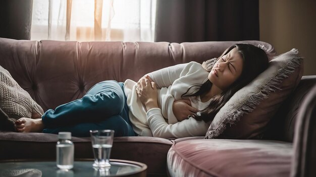 Foto mujer joven con dolor de estómago tendida en el sofá