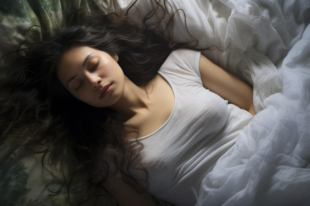 Una mujer joven durmiendo en una almohada acogedora una sábana tranquila genera Ai