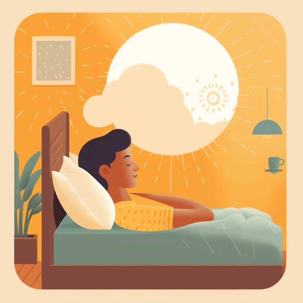 Mujer joven durmiendo en la cama por la noche Ilustración de vector de estilo plano