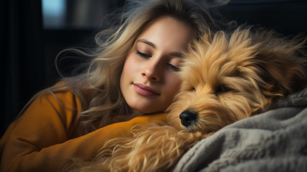 Una mujer joven durmiendo con su perro