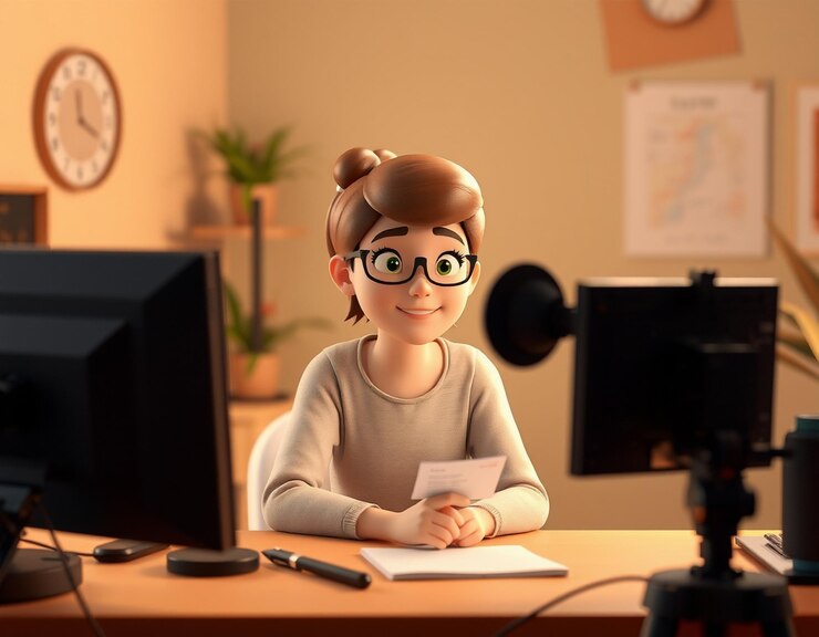 Foto mujer joven editando vídeo ilustración de personaje 3d