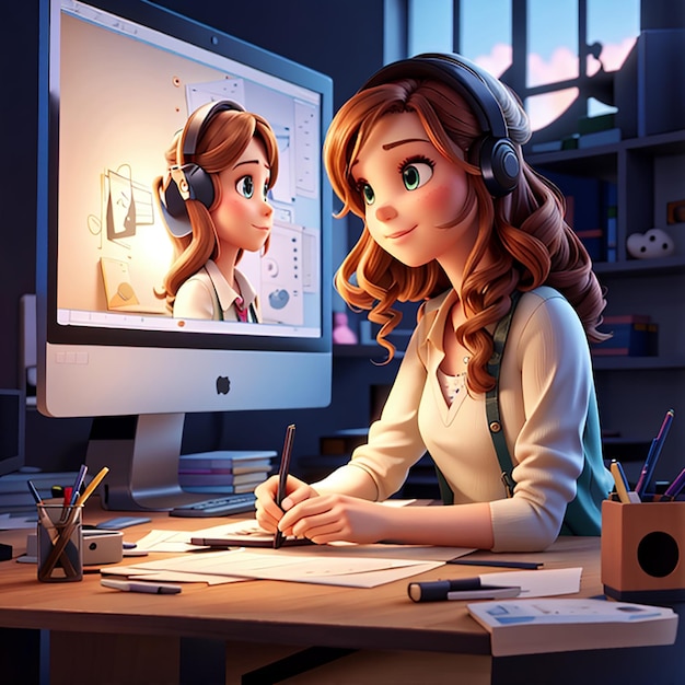 Mujer joven editando vídeo ilustración de personaje 3d