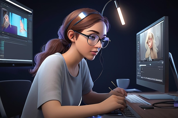 Foto mujer joven editando video ilustración de personajes en 3d
