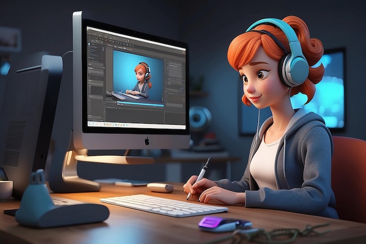 Foto mujer joven editando video ilustración de personajes en 3d