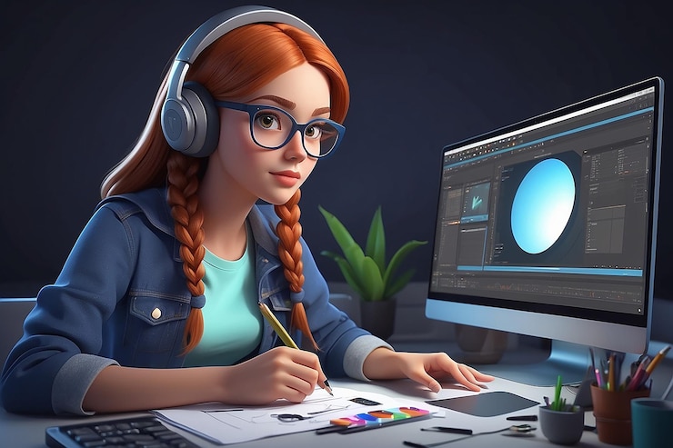 Foto mujer joven editando video ilustración de personajes en 3d
