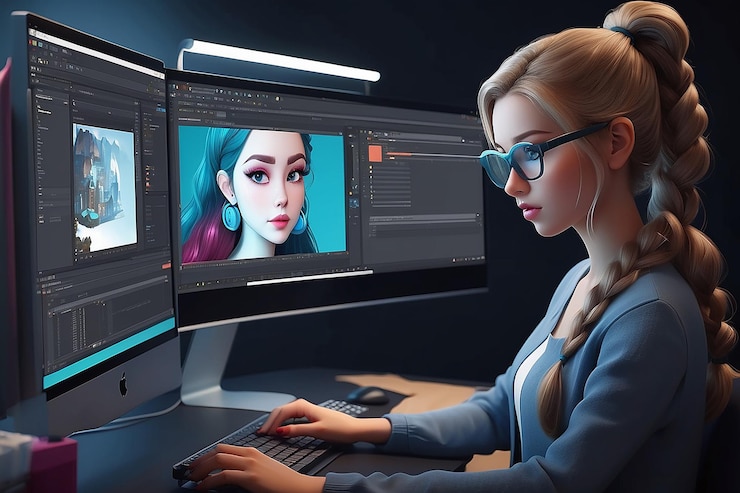 Foto mujer joven editando video ilustración de personajes en 3d