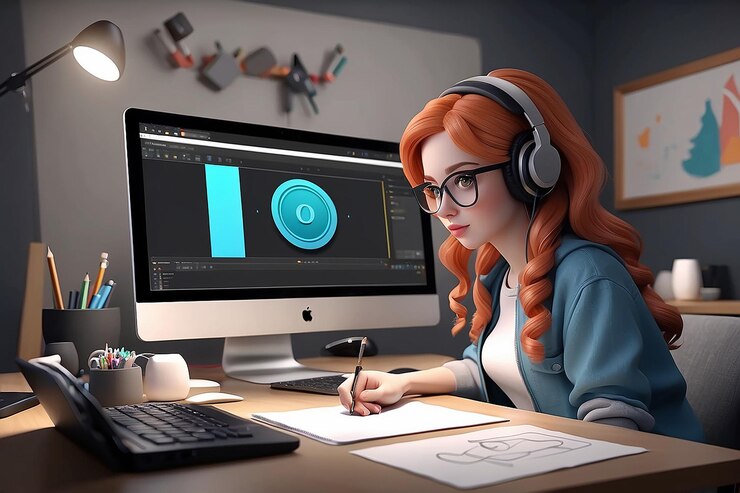 Foto mujer joven editando video ilustración de personajes en 3d