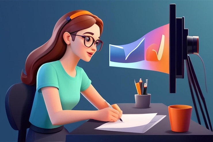 Foto mujer joven editando video ilustración de personajes en 3d