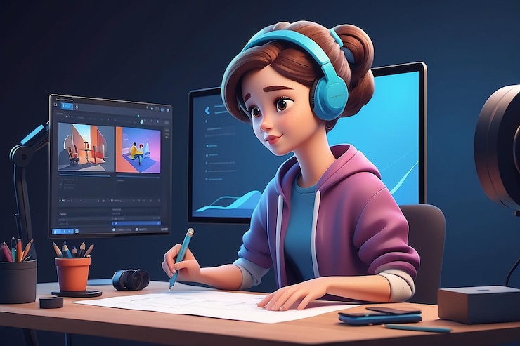 Foto mujer joven editando video ilustración de personajes en 3d