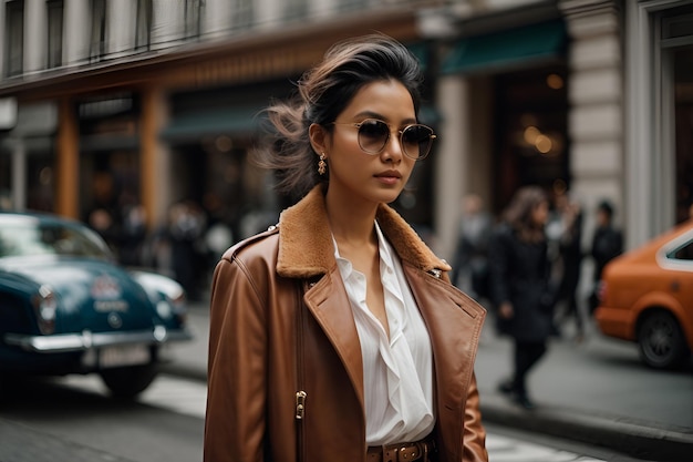 Mujer joven y elegante caminando por la calle de la ciudad mirando a un lado curiosa