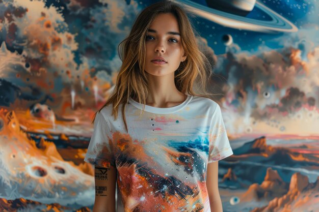 Foto mujer joven con una elegante camiseta posando ante el vívido arte cósmico con fondo de planetas y nebulosas