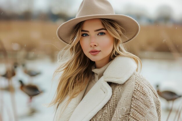 Mujer joven elegante con elegante sombrero y bufanda posando al aire libre Retrato femenino de moda en