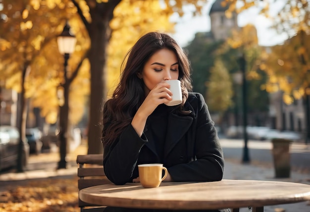 Mujer joven elegante y feliz con novio vaqueros zapatillas blancas sudadera amarilla brillante ella sostiene café para ir retrato de chica sonriente con gafas de sol y bolsa