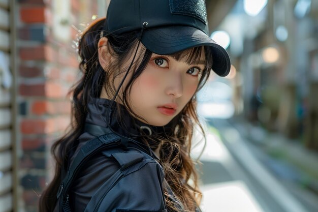 Mujer joven elegante con gorra de béisbol posando en un callejón urbano con una mirada intensa y a la moda