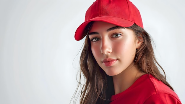 Mujer joven elegante con gorra roja posando para una sesión de fotos de moda casual perfecta para la representación de la cultura juvenil AI