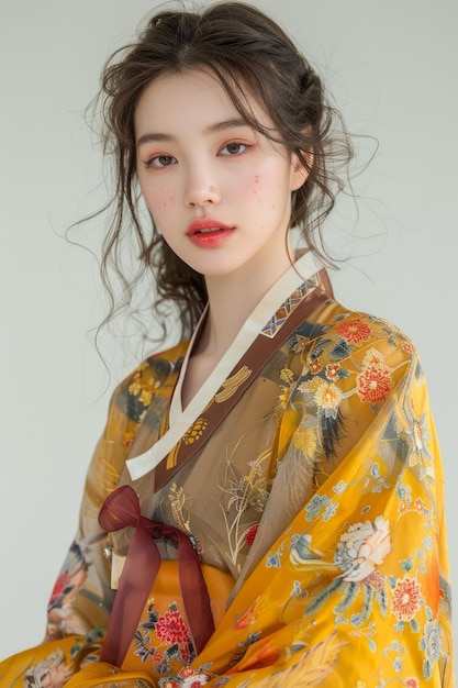 Mujer joven elegante en kimono amarillo tradicional con patrón floral en un fondo neutral